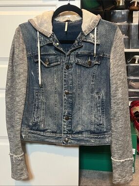 Free People Distressed Blue Denim Jacket with Gray Knit Hood & Sleeves